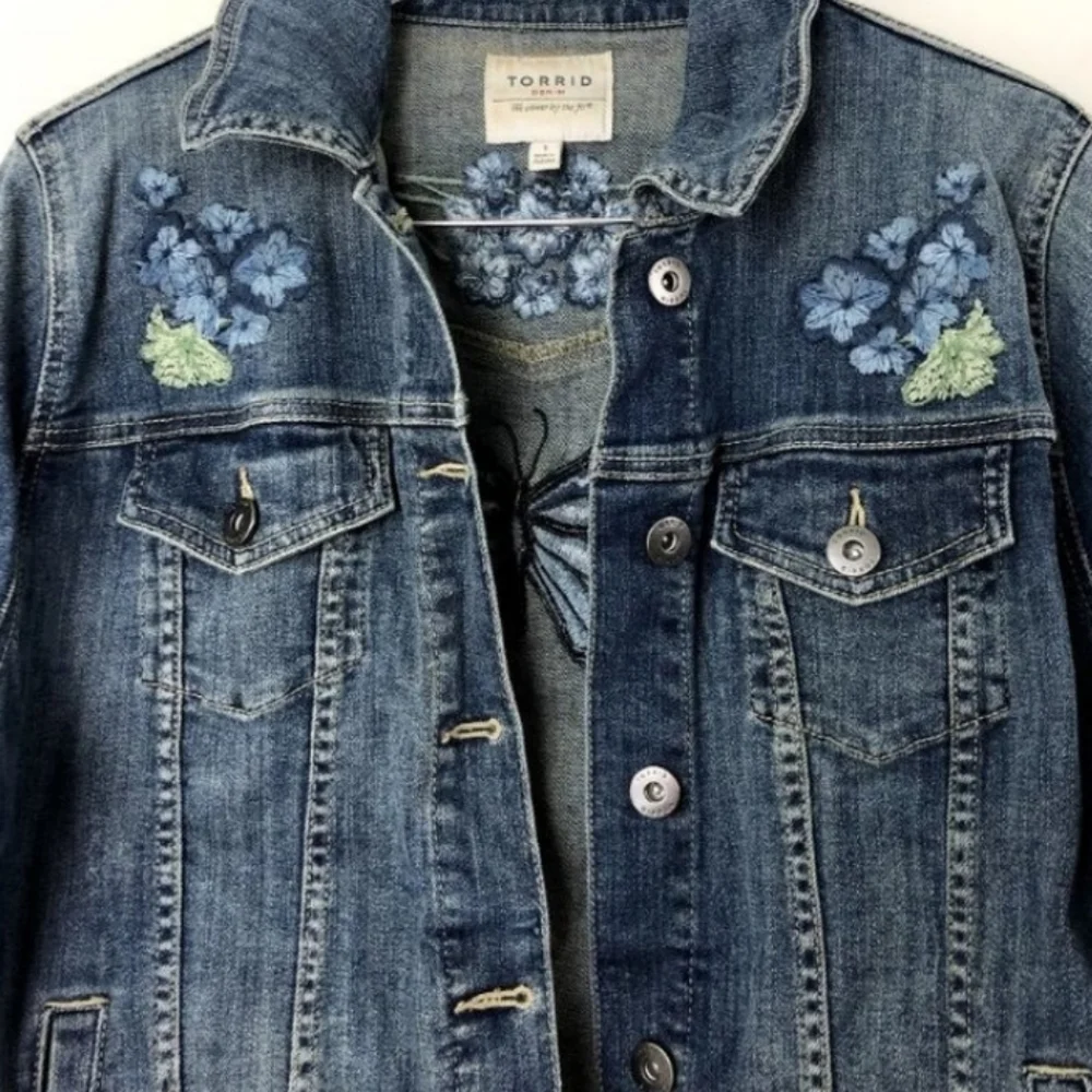 Torrid Blue Jean Jacket with Butterfly and Floral Embroidery - Picture 5 of 11